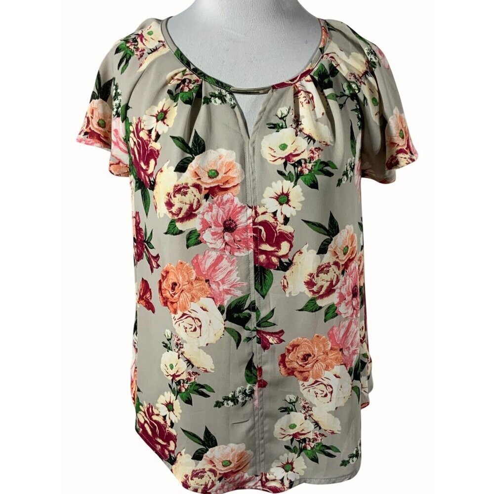 APT 9 Gray Lightweight Floral Blouse Short Flutter Sleeve Keyhole NEW Size Small